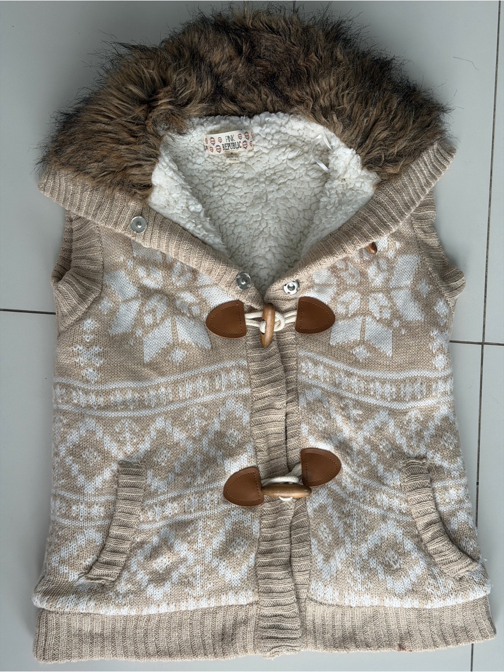Pink Republic Cream & Brown Fair Isle Faux-Fur Hooded Vest